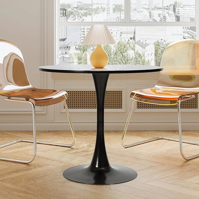 FurnitureR 31.5" Round Dining Table for 2-4 People with Pedestal Base for Home Office Living Room Kitchen Leisure, Black, Tulip Style