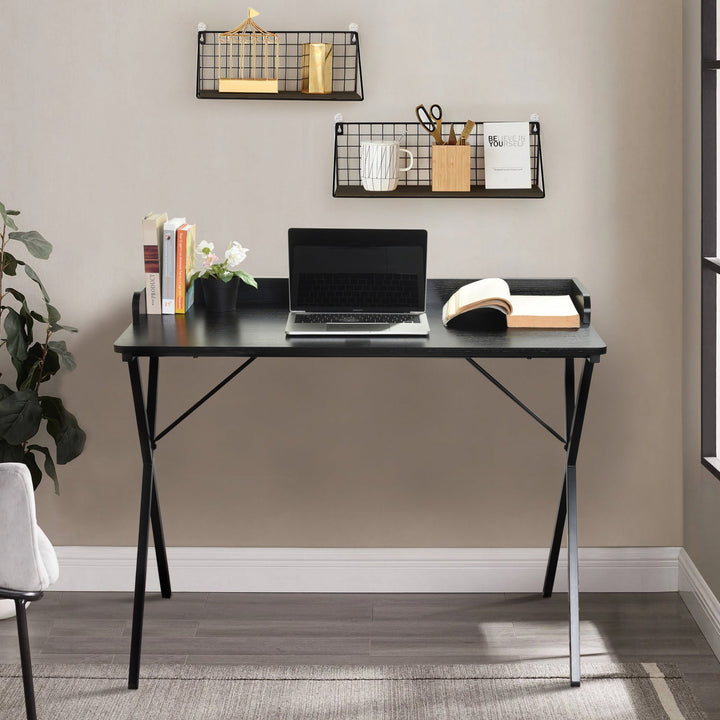 Furniture R Stylish Compact Black Wood Computer Desk With Metal Frame