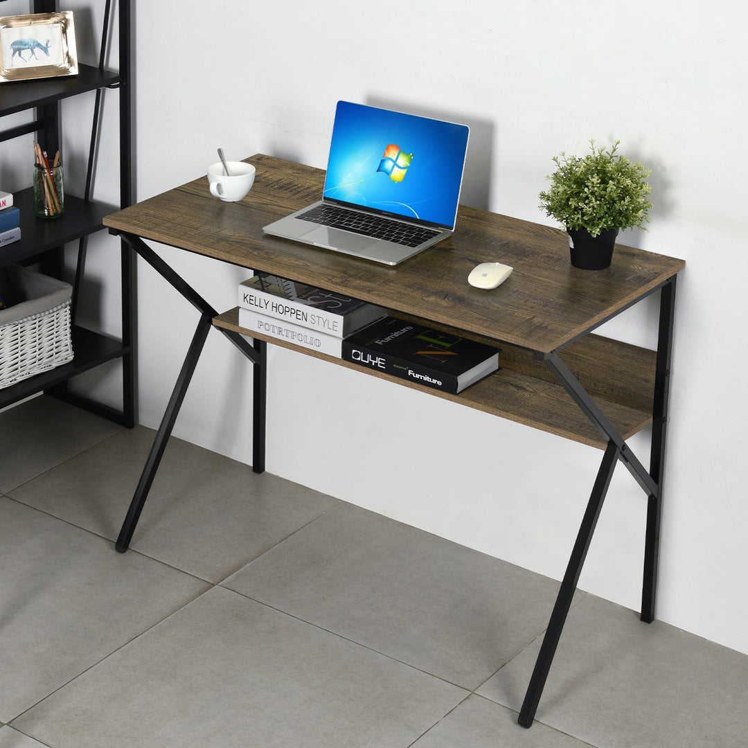 Furniture R Modern K-Shaped Computer Desk With Wood Top And Storage Shelf