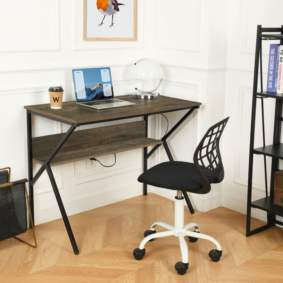 Furniture R Modern K-Shaped Computer Desk With Wood Top And Storage Shelf
