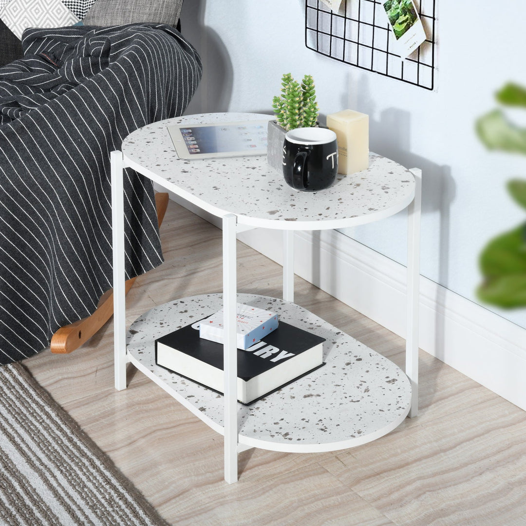 Furniture R Modern Oval Marble White Metal End Table With Wood Shelves