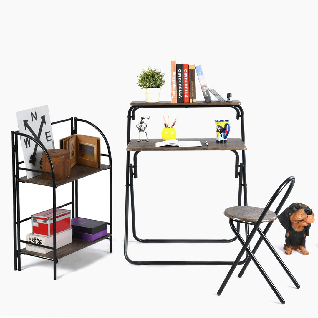 Furniture R Lynda Foldable Office Set (1Table,1 Chair And 2 Layer Shelf)For Productive Home Offices