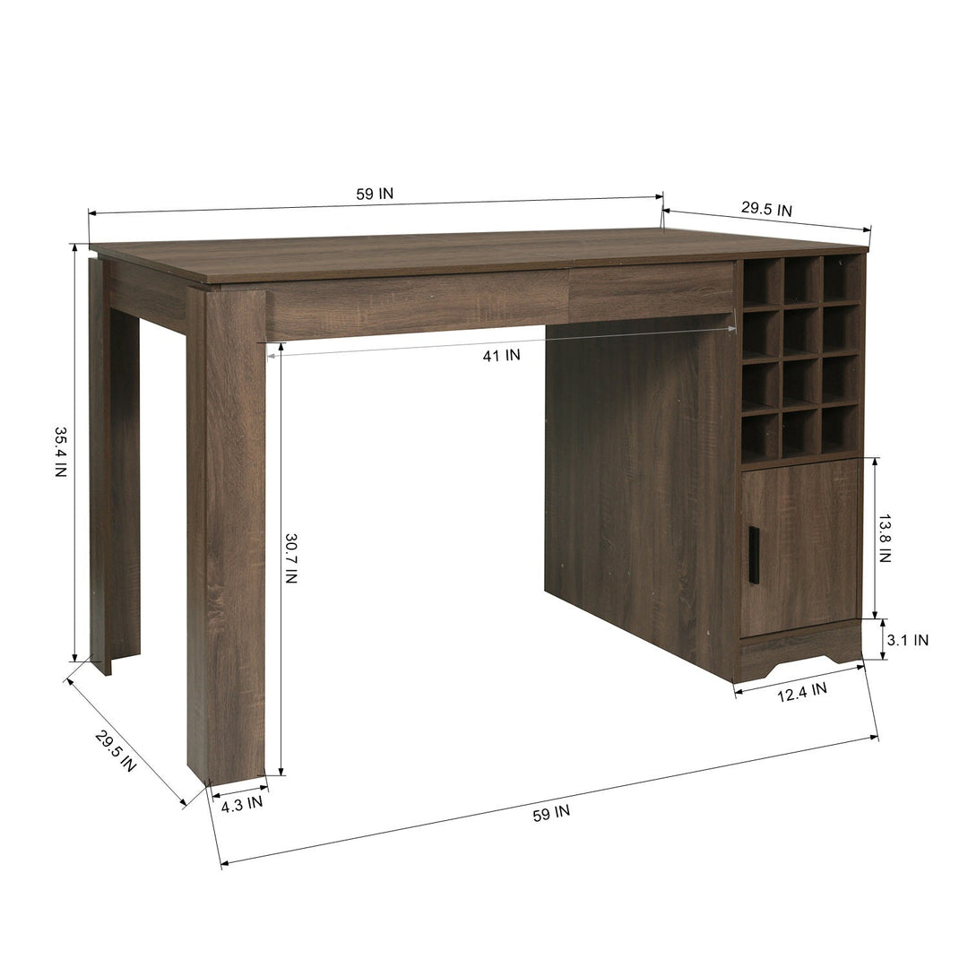 Furniture R Mid-Century Wooden Counter Height Bar Table With Wine Rack And Storage Cabinet