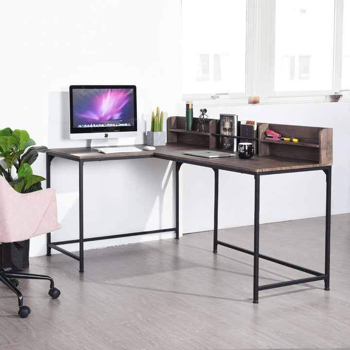 Furniture R Industrial-Chic Space-Saving L-Shaped Corner Desk With Wooden Panel