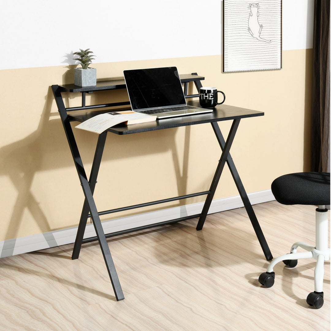 Furniture R Sara Pro Stylish Sidekick Foldable Desk No Assembly Required, Computer Desk With 2-Tier Shelf For Small Spaces