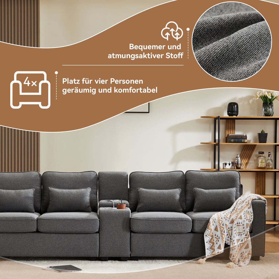 FurnitureR Canapé Sectionnel en Lin Sombre, Design Moderne et Confortable, avec Espace de Rangement et Support de Gobelet, pour Salon et Petits Appartements, Options de Divertissement
