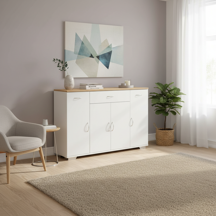 Buffet de style ferme moderne FurnitureR, meuble de rangement, table basse en bois avec tiroir et étagères, 110 cm (43,3 po), style grange