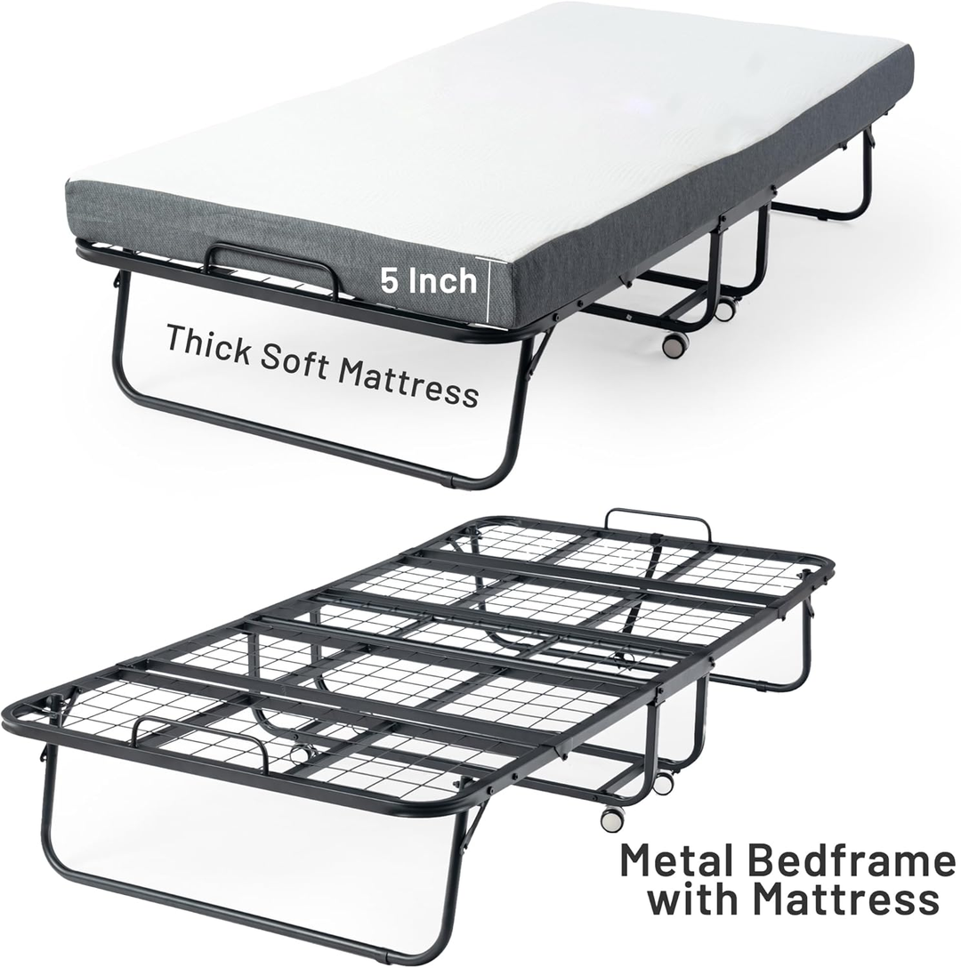 FurnitureR Klappbett mit 12,7 cm dicker Memory-Schaum-Matratze – 190 x 76 cm schmales Einzelbettgestell mit Rollen, zusammenklappbar, robuste Metallkonstruktion