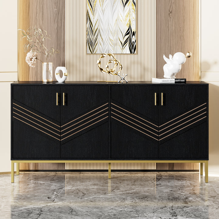 FurnitureR Sideboard noir MDF avec des détails dorés, Design moderne, Rangement spacieux, Matériaux durables, Conçu pour le salon, Élégant et fonctionnel