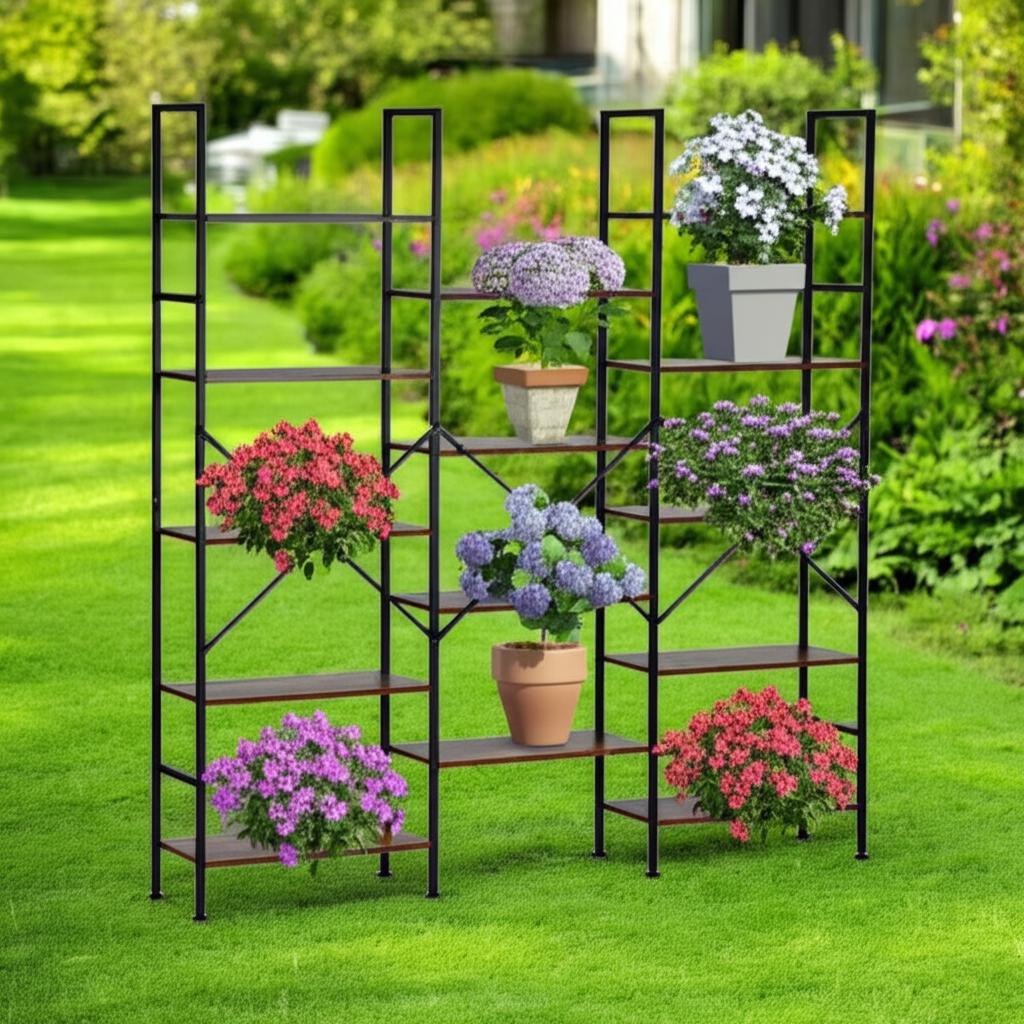 FurnitureR Support pour Plantes d'intérieur et d'extérieur - Étagère Industrielle - Cadre en métal avec étagères en MDF pour Affichage de Jardin - Rangement Polyvalent à Plusieurs Niveaux - Marron