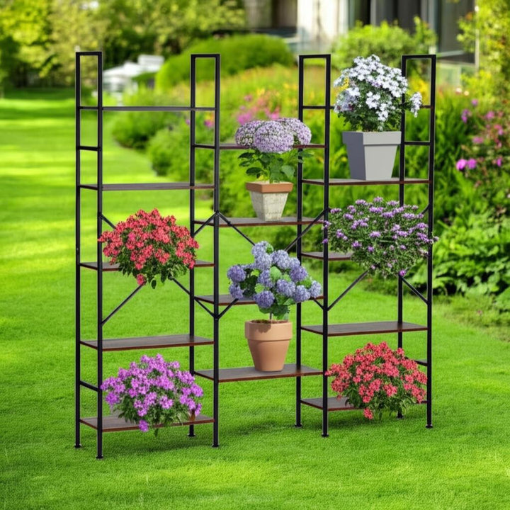 FurnitureR Support pour Plantes d'intérieur et d'extérieur - Étagère Industrielle - Cadre en métal avec étagères en MDF pour Affichage de Jardin - Rangement Polyvalent à Plusieurs Niveaux - Marron