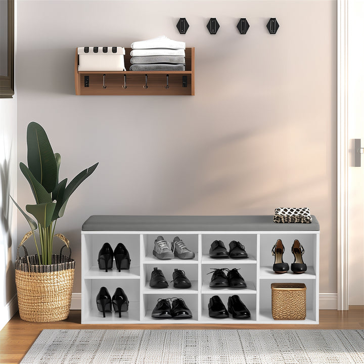 Furniture R Bench Cupboard Seat, Wooden Cabinet, Storage Shoe Rack with Padded Cushion, 10 Compartments, for Living Room, Hallway, Bedroom, Entrance, 103x29x45cm, White, Wood