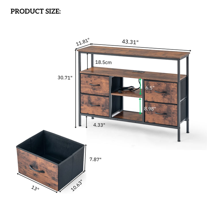 Console Tables with USB and Charging Station, 43.31 Inch Entryway Table with 4 Fabric Drawers, Sofa Table Narrow with Storage Shelves Brown