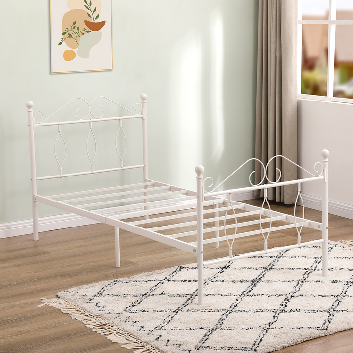 FurnitureR Metallbettgestell (Einzelbettgröße) mit Kopf- und Fußteil, Lattenrost aus Stahl, geräuscharm, mit Stauraum unter dem Bett, weiß
