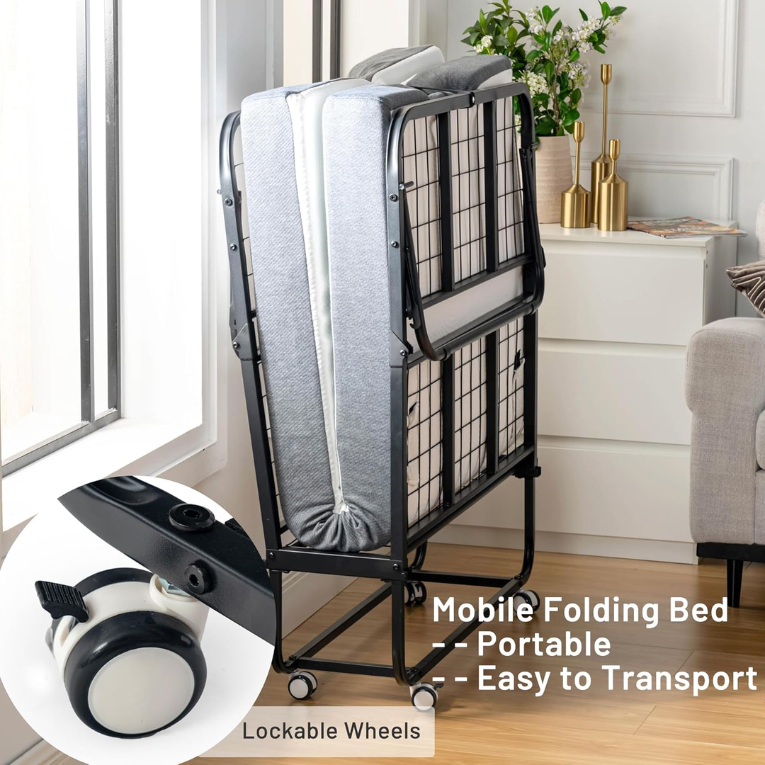 FurnitureR Klappbett mit 12,7 cm dicker Memory-Schaum-Matratze – 190 x 76 cm schmales Einzelbettgestell mit Rollen, zusammenklappbar, robuste Metallkonstruktion