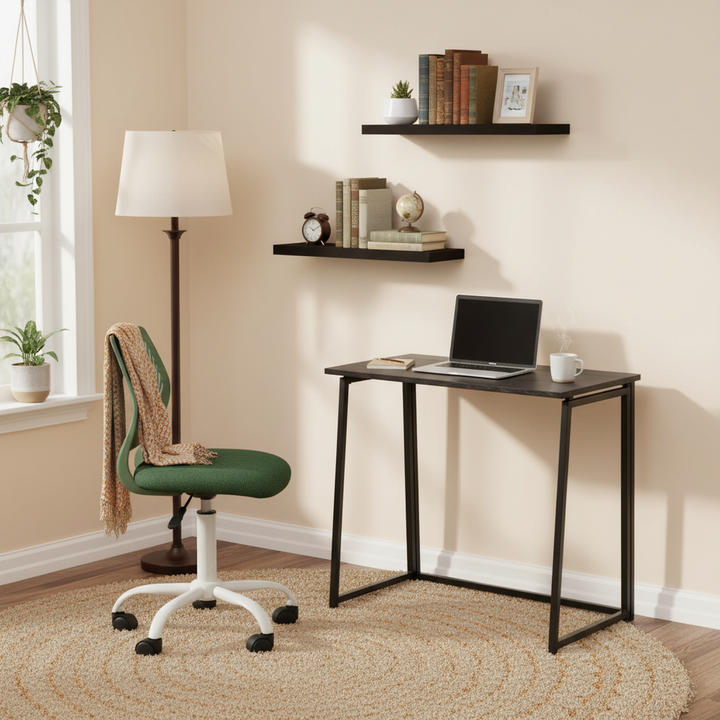 Ensemble bureau pliant 3 pièces FurnitureR avec chaise pivotante réglable et 2 étagères murales flottantes, combinaison bureau/espace de travail gain de place, design moderne