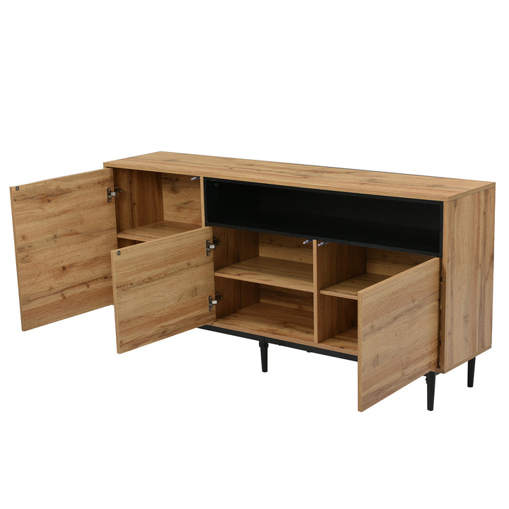Moderner Holz-Sideboard mit 3 Türen und verstellbaren Regalen – Naturholz & Schwarz, 160x35x76 cm