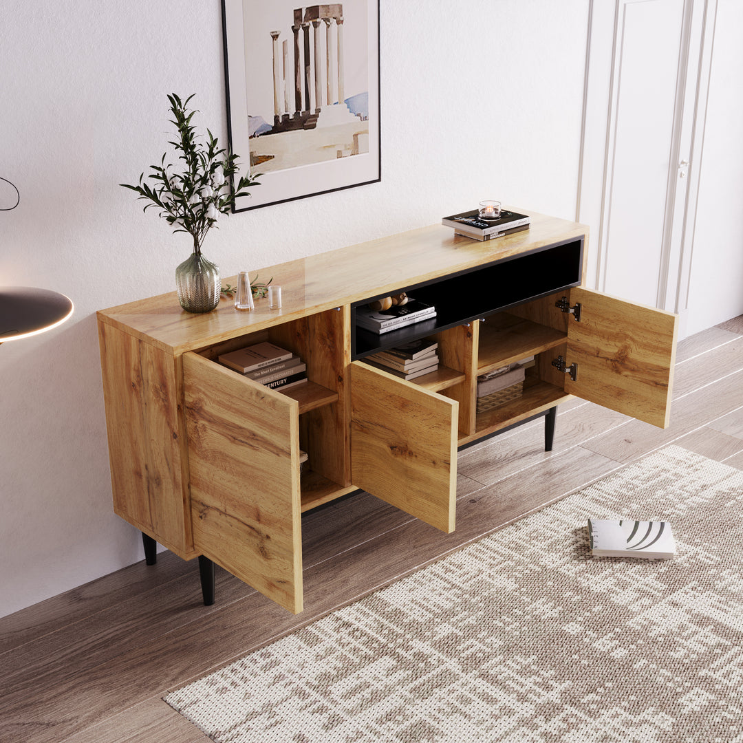 Moderner Holz-Sideboard mit 3 Türen und verstellbaren Regalen – Naturholz & Schwarz, 160x35x76 cm