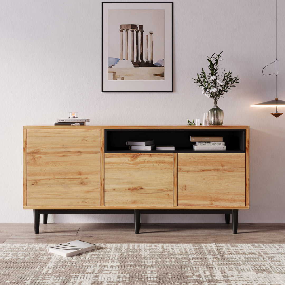 Moderner Holz-Sideboard mit 3 Türen und verstellbaren Regalen – Naturholz & Schwarz, 160x35x76 cm