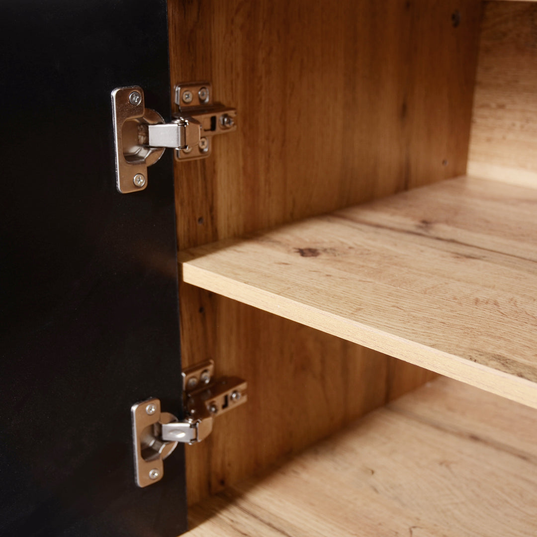 Hallway Coat Rack Set with Mirror, Shoe Cabinet, Wall Hooks, Storage Shelf, and Bench – Black & Wood Finish