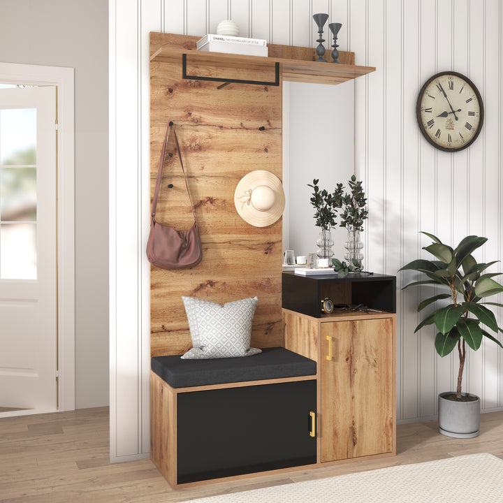 Hallway Coat Rack Set with Mirror, Shoe Cabinet, Wall Hooks, Storage Shelf, and Bench – Black & Wood Finish