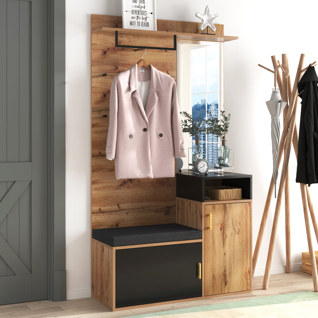 Hallway Coat Rack Set with Mirror, Shoe Cabinet, Wall Hooks, Storage Shelf, and Bench – Black & Wood Finish
