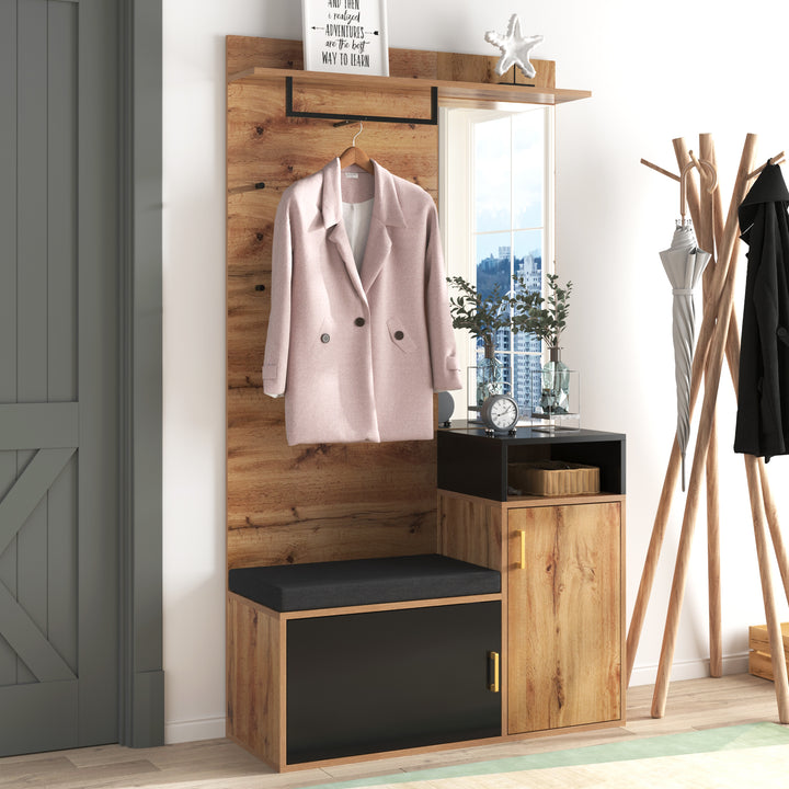Hallway Coat Rack Set with Mirror, Shoe Cabinet, Wall Hooks, Storage Shelf, and Bench – Black & Wood Finish