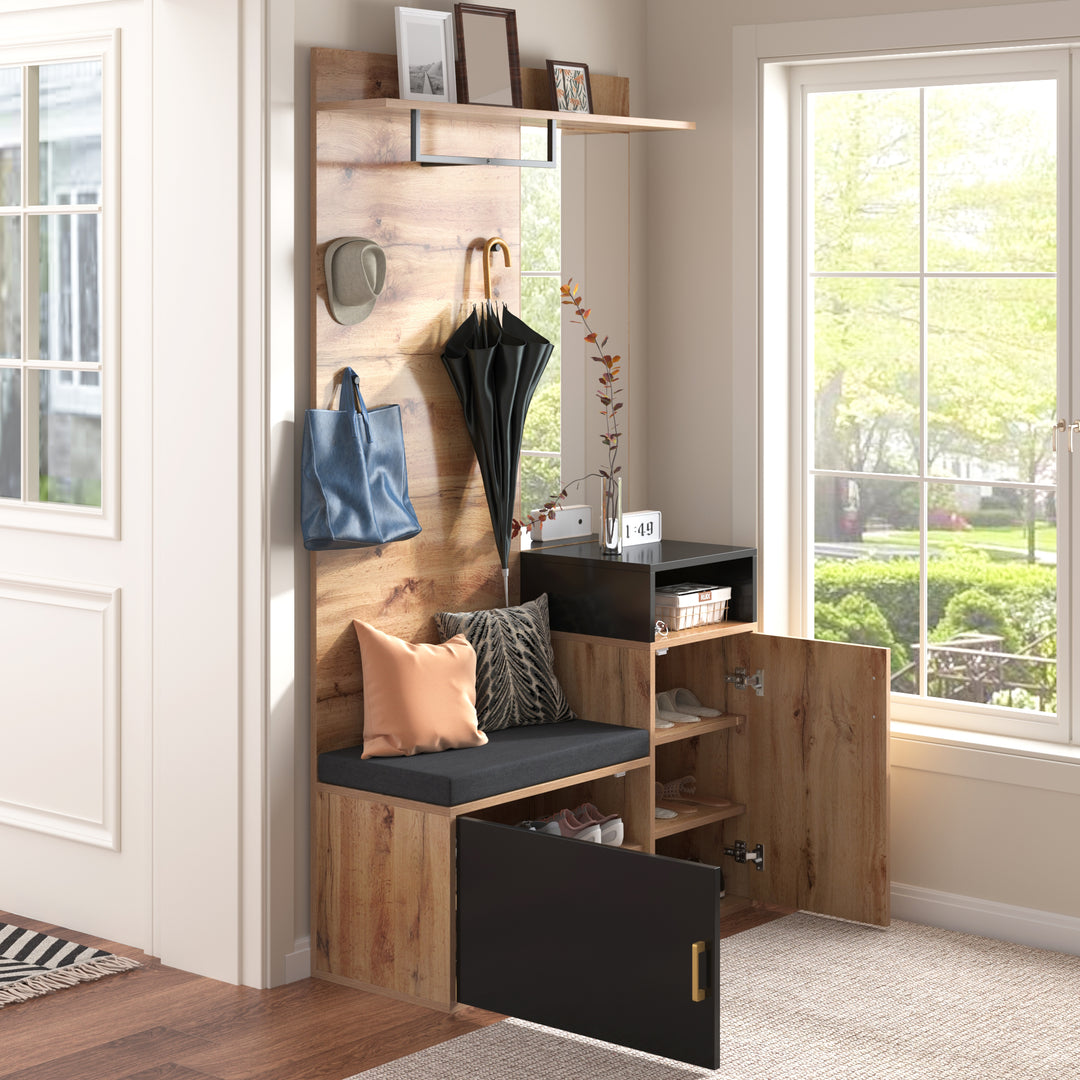 Hallway Coat Rack Set with Mirror, Shoe Cabinet, Wall Hooks, Storage Shelf, and Bench – Black & Wood Finish