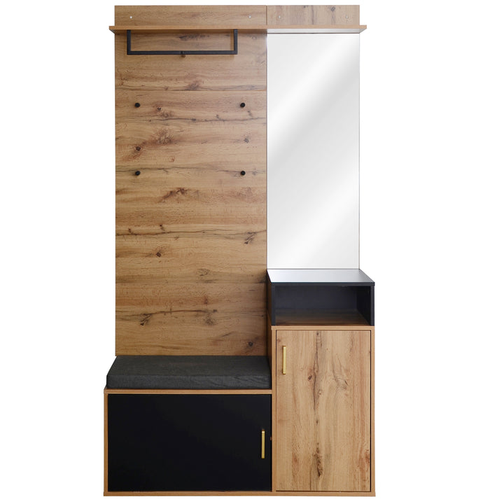 Hallway Coat Rack Set with Mirror, Shoe Cabinet, Wall Hooks, Storage Shelf, and Bench – Black & Wood Finish