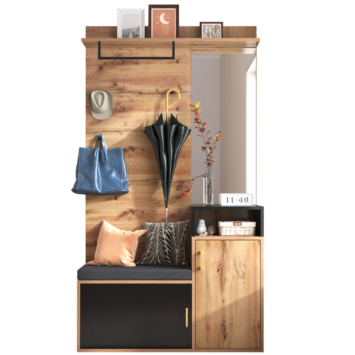 Hallway Coat Rack Set with Mirror, Shoe Cabinet, Wall Hooks, Storage Shelf, and Bench – Black & Wood Finish