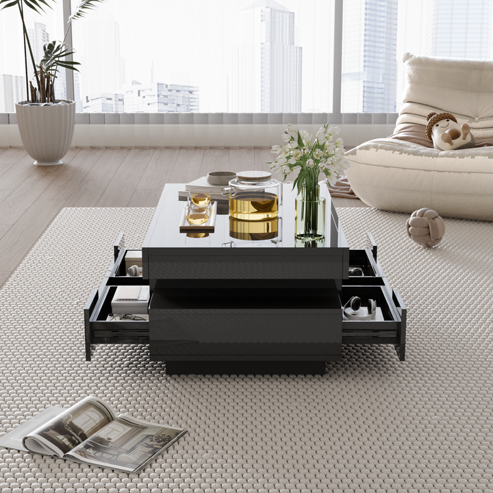 Couchtisch, Hochglanzoberfläche, mit LED-Lichtleiste, vier Schubladen vorne und hinten, großer Stauraum