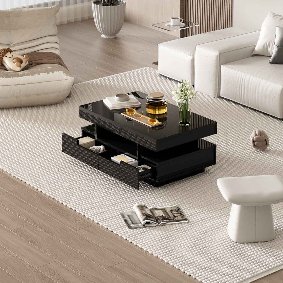 Couchtisch, Hochglanzoberfläche, mit LED-Lichtleiste, vier Schubladen vorne und hinten, großer Stauraum