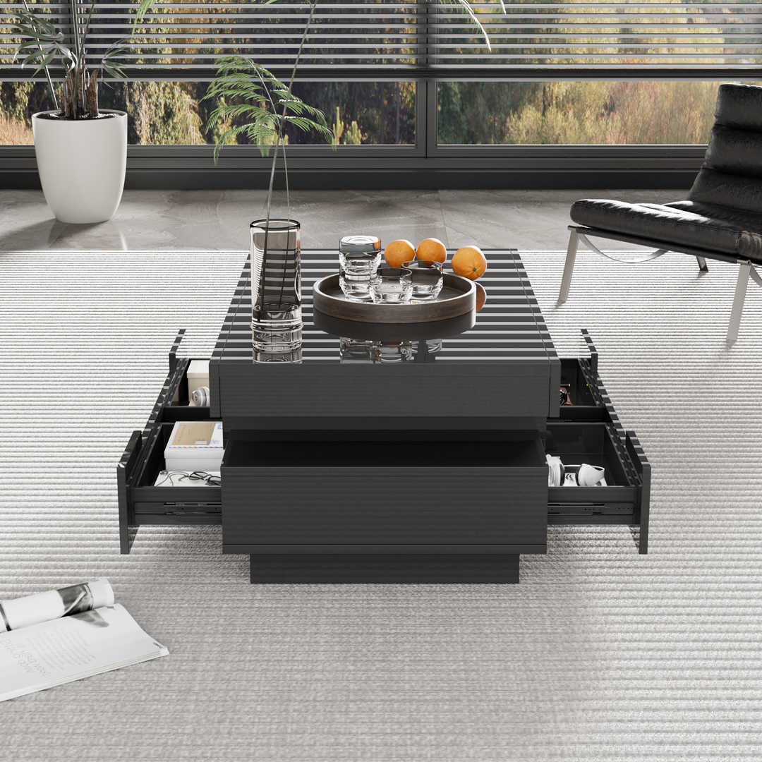 Couchtisch, Hochglanzoberfläche, mit LED-Lichtleiste, vier Schubladen vorne und hinten, großer Stauraum