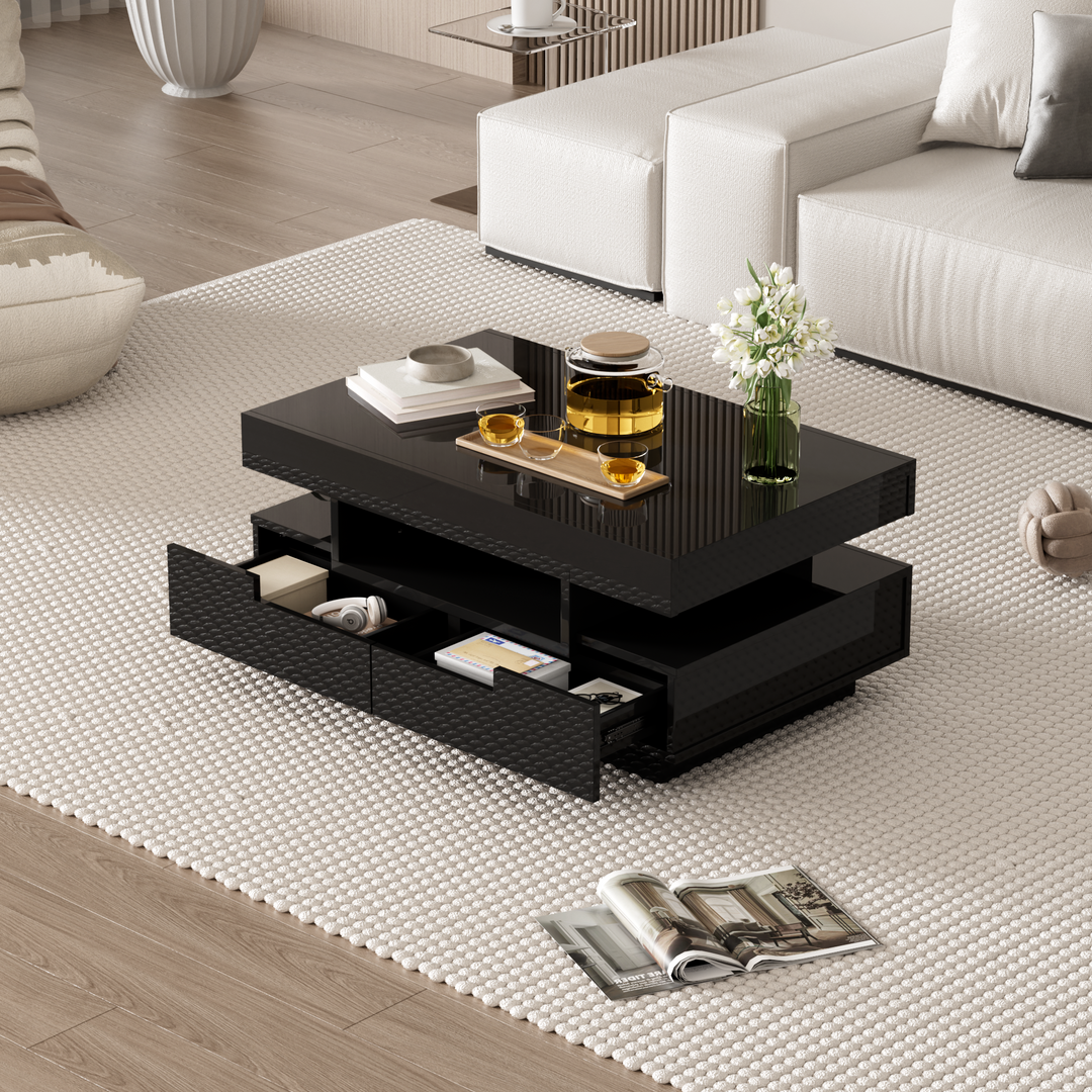 Couchtisch, Hochglanzoberfläche, mit LED-Lichtleiste, vier Schubladen vorne und hinten, großer Stauraum