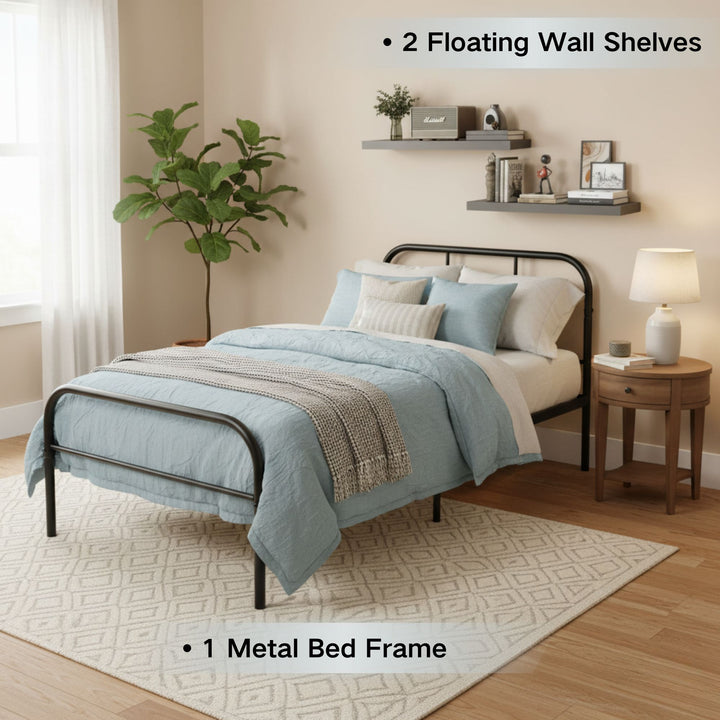 FurnitureR Metal Single Bed Frame with 2 Floating Wall Shelves Nightstands, Heavy-Duty Steel Platform Bed with Underbed Storage,Minimalist Bedroom Set
