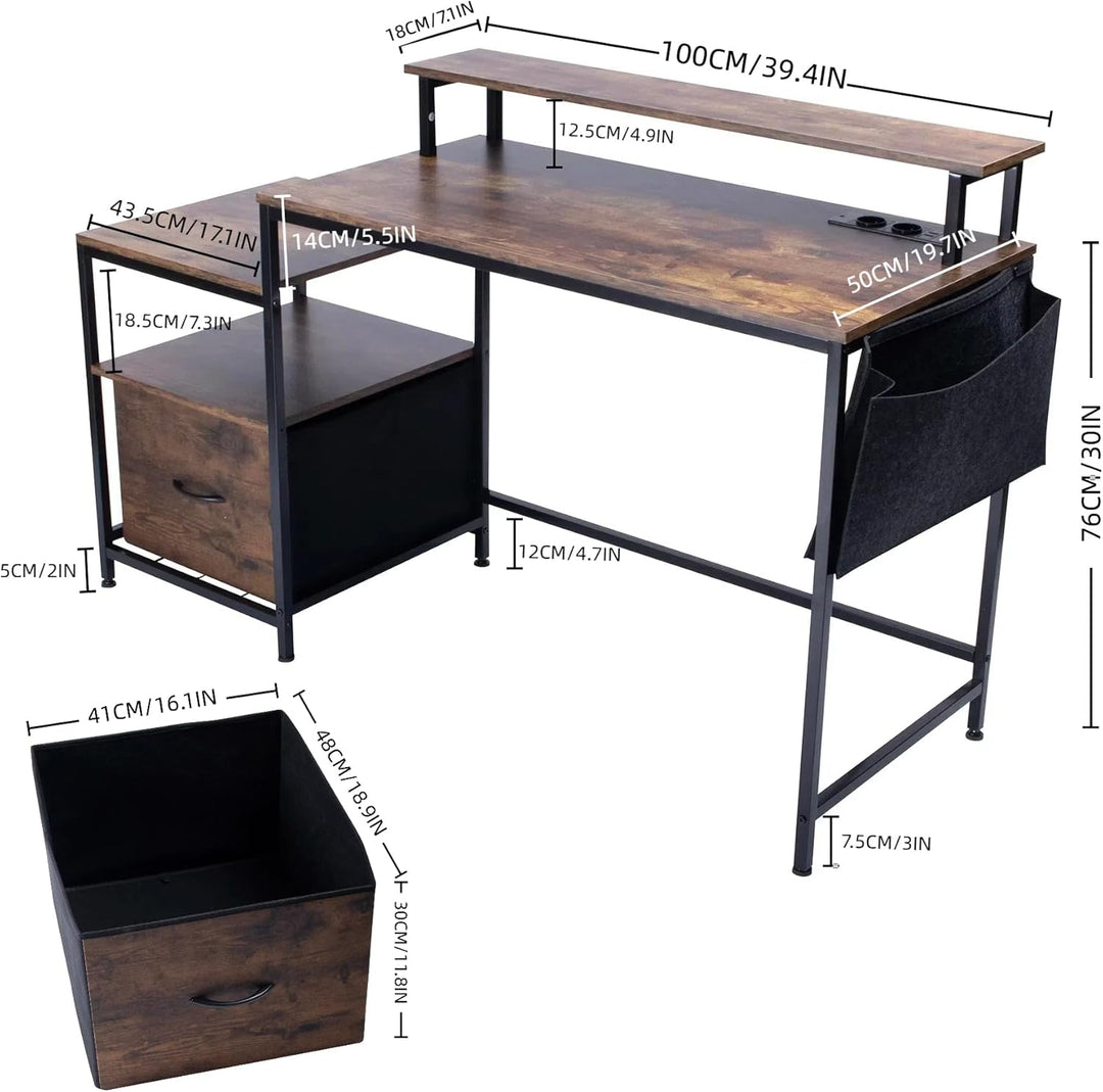 FurnitureR Industrial Computer Desk, with LED Light Belt, Integrated Workstation with 1 Black Non-Woven File Bag and 1 Drawer, 2 Power Sockets + 2USB, Includes Storage and Cable Management, L143.5cm