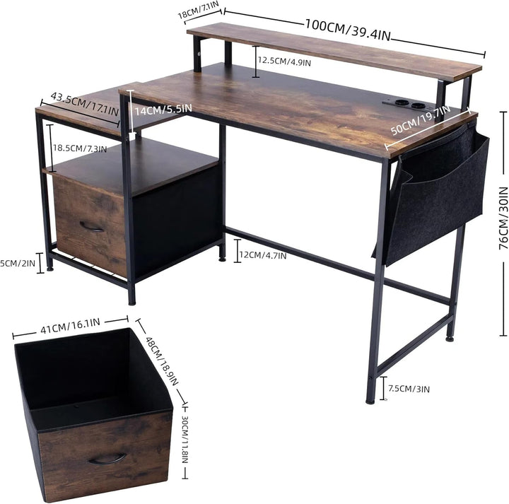 FurnitureR Industrial Computer Desk, with LED Light Belt, Integrated Workstation with 1 Black Non-Woven File Bag and 1 Drawer, 2 Power Sockets + 2USB, Includes Storage and Cable Management, L143.5cm