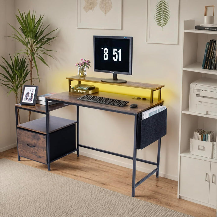 FurnitureR Industrial Computer Desk, with LED Light Belt, Integrated Workstation with 1 Black Non-Woven File Bag and 1 Drawer, 2 Power Sockets + 2USB, Includes Storage and Cable Management, L143.5cm