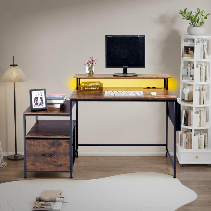 FurnitureR Industrial Computer Desk, with LED Light Belt, Integrated Workstation with 1 Black Non-Woven File Bag and 1 Drawer, 2 Power Sockets + 2USB, Includes Storage and Cable Management, L143.5cm