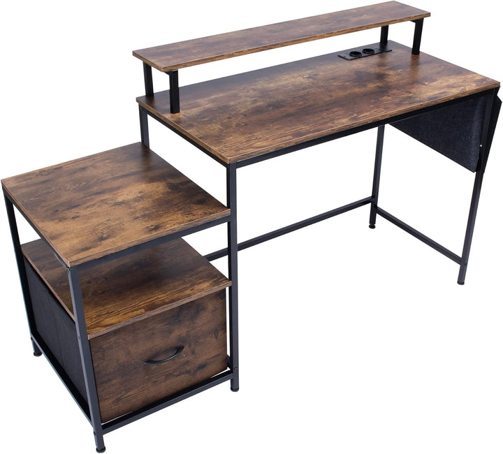 FurnitureR Industrial Computer Desk, with LED Light Belt, Integrated Workstation with 1 Black Non-Woven File Bag and 1 Drawer, 2 Power Sockets + 2USB, Includes Storage and Cable Management, L143.5cm