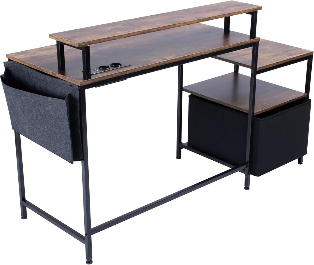 FurnitureR Industrial Computer Desk, with LED Light Belt, Integrated Workstation with 1 Black Non-Woven File Bag and 1 Drawer, 2 Power Sockets + 2USB, Includes Storage and Cable Management, L143.5cm