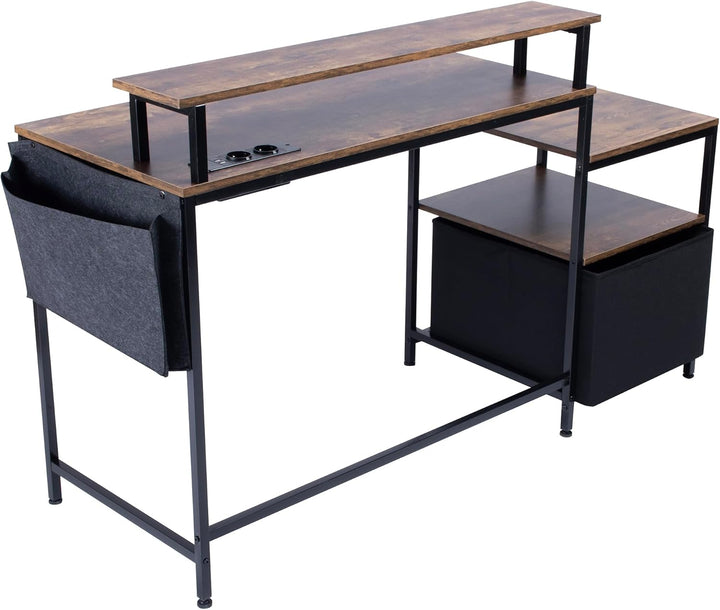 FurnitureR Industrial Computer Desk, with LED Light Belt, Integrated Workstation with 1 Black Non-Woven File Bag and 1 Drawer, 2 Power Sockets + 2USB, Includes Storage and Cable Management, L143.5cm