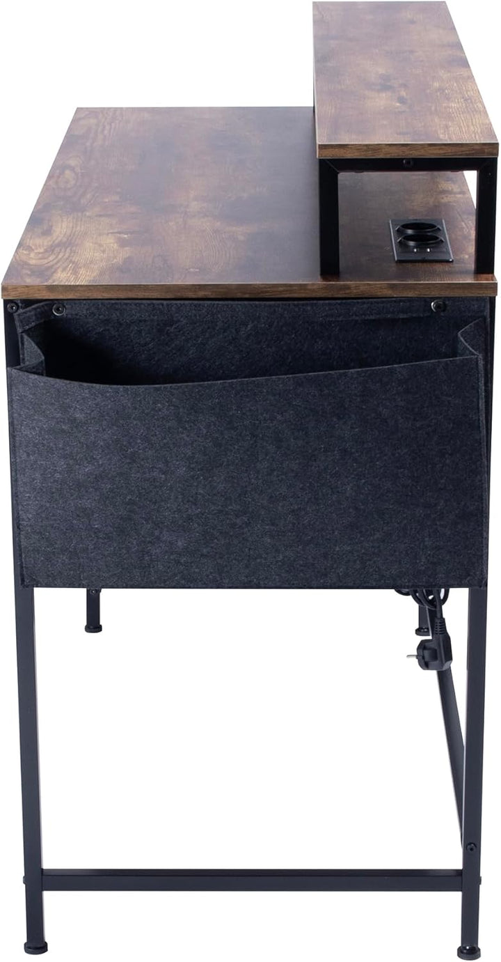 FurnitureR Industrial Computer Desk, with LED Light Belt, Integrated Workstation with 1 Black Non-Woven File Bag and 1 Drawer, 2 Power Sockets + 2USB, Includes Storage and Cable Management, L143.5cm