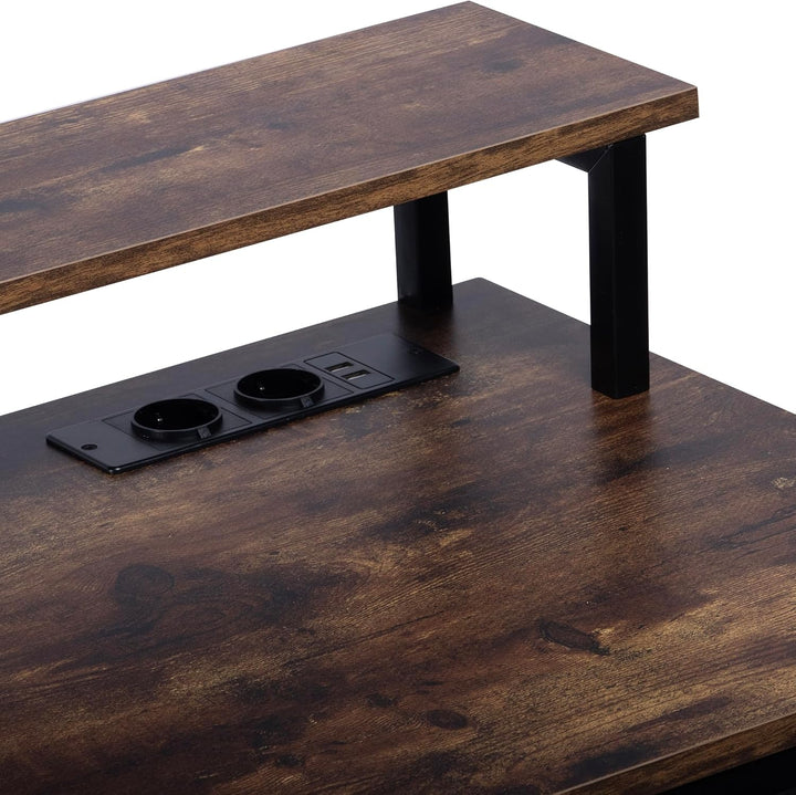 FurnitureR Industrial Computer Desk, with LED Light Belt, Integrated Workstation with 1 Black Non-Woven File Bag and 1 Drawer, 2 Power Sockets + 2USB, Includes Storage and Cable Management, L143.5cm