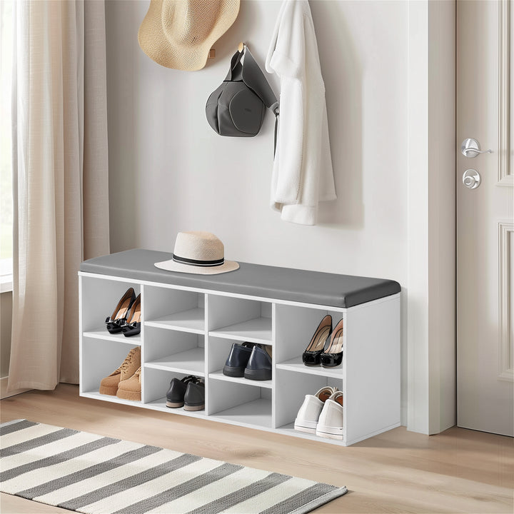 Furniture R Bench Cupboard Seat, Wooden Cabinet, Storage Shoe Rack with Padded Cushion, 10 Compartments, for Living Room, Hallway, Bedroom, Entrance, 103x29x45cm, White, Wood