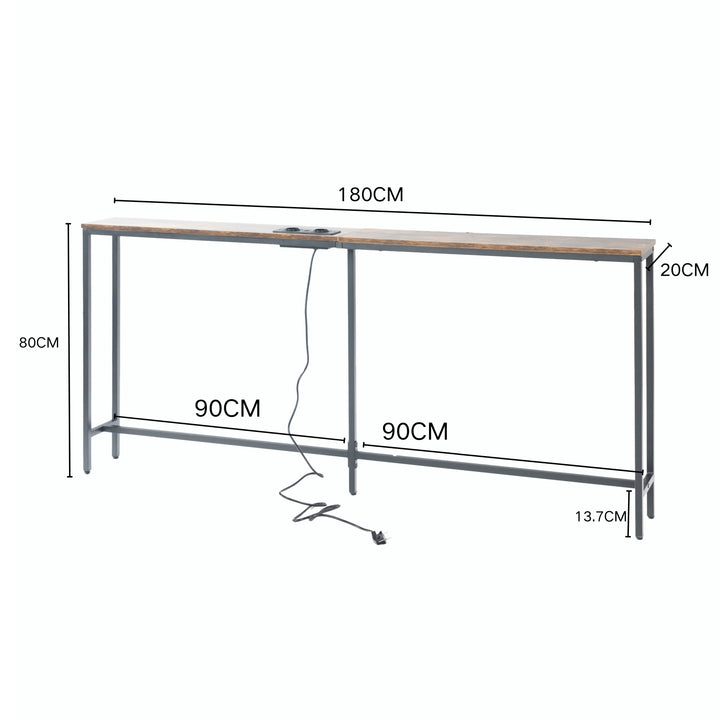 Furniture R L180cm Console Charging Station, Slim, Industrial Entrance with 2 USB Ports, Narrow Sofa Side Table for Entryway, Hallway, Living Room, Office Rustic Brown, Metal