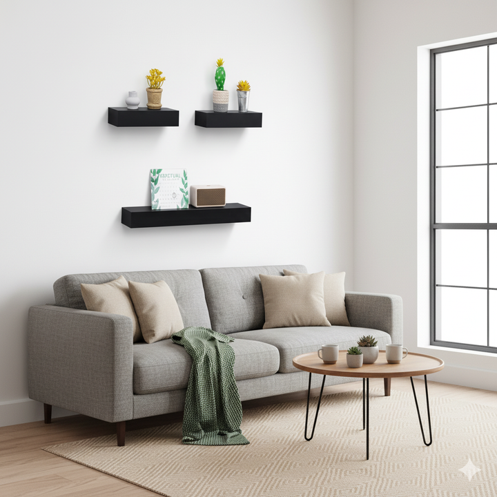 FurnitureR 3 Pack Floating Shelves, Black MDF Wood Wall Shelves for Home Decor & Storage, Ideal for Bedroom, Living Room, Bathroom, Kitchen, Office