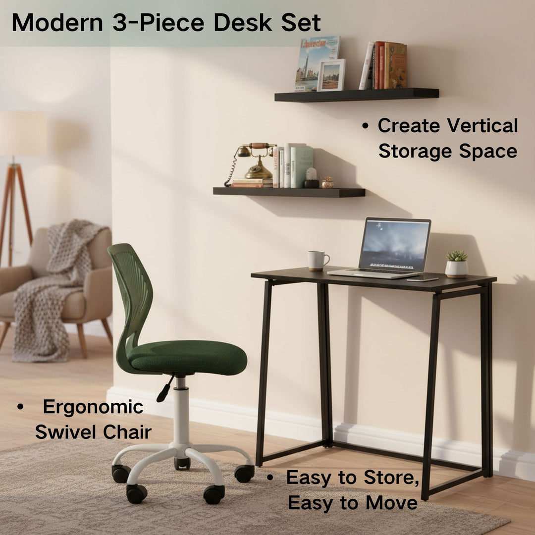 Ensemble bureau pliant 3 pièces FurnitureR avec chaise pivotante réglable et 2 étagères murales flottantes, combinaison bureau/espace de travail gain de place, design moderne