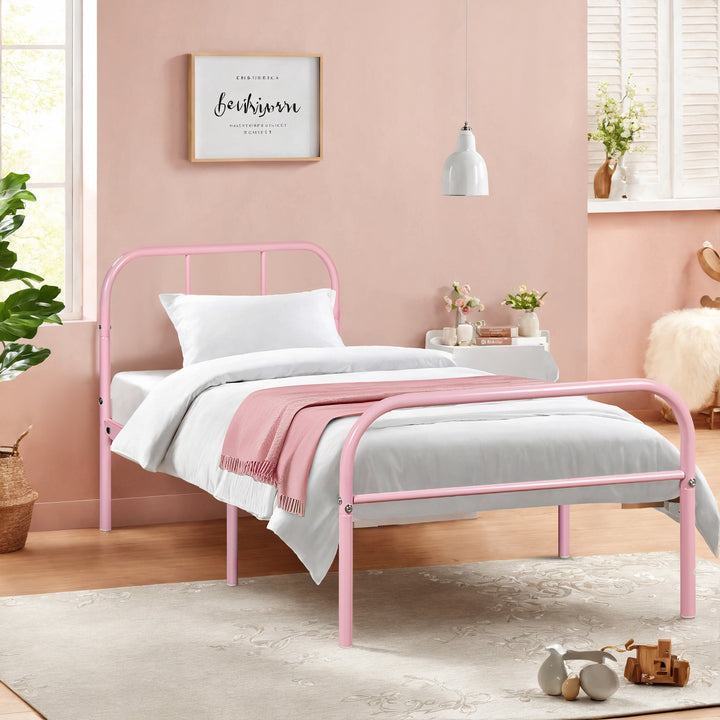 Furniture R Cadre de Lit Simple en Métal, avec Tête et Pied de lit, Base en Fer Solide pour Enfants ou Adolescents, Maison, Dortoir D'étudiants, Chambre d'enfants, Rose