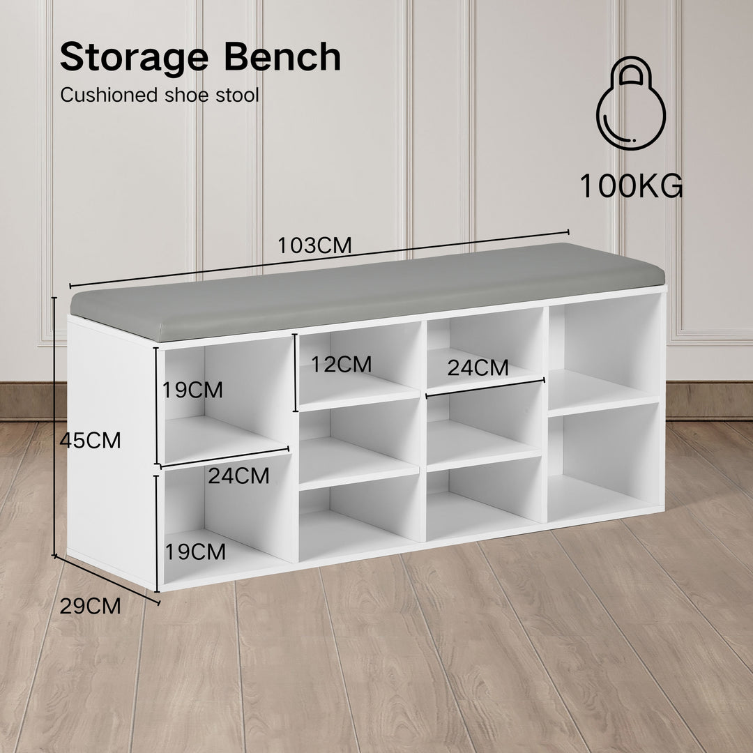 Furniture R Bench Cupboard Seat, Wooden Cabinet, Storage Shoe Rack with Padded Cushion, 10 Compartments, for Living Room, Hallway, Bedroom, Entrance, 103x29x45cm, White, Wood